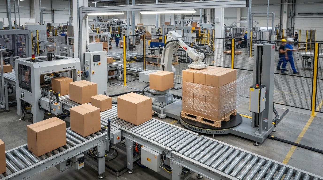 Integrated end of line packaging system with conveyors and stretch wrapper