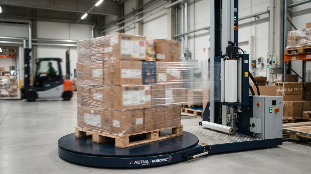 Automated stretch wrapping machine wrapping palletized goods